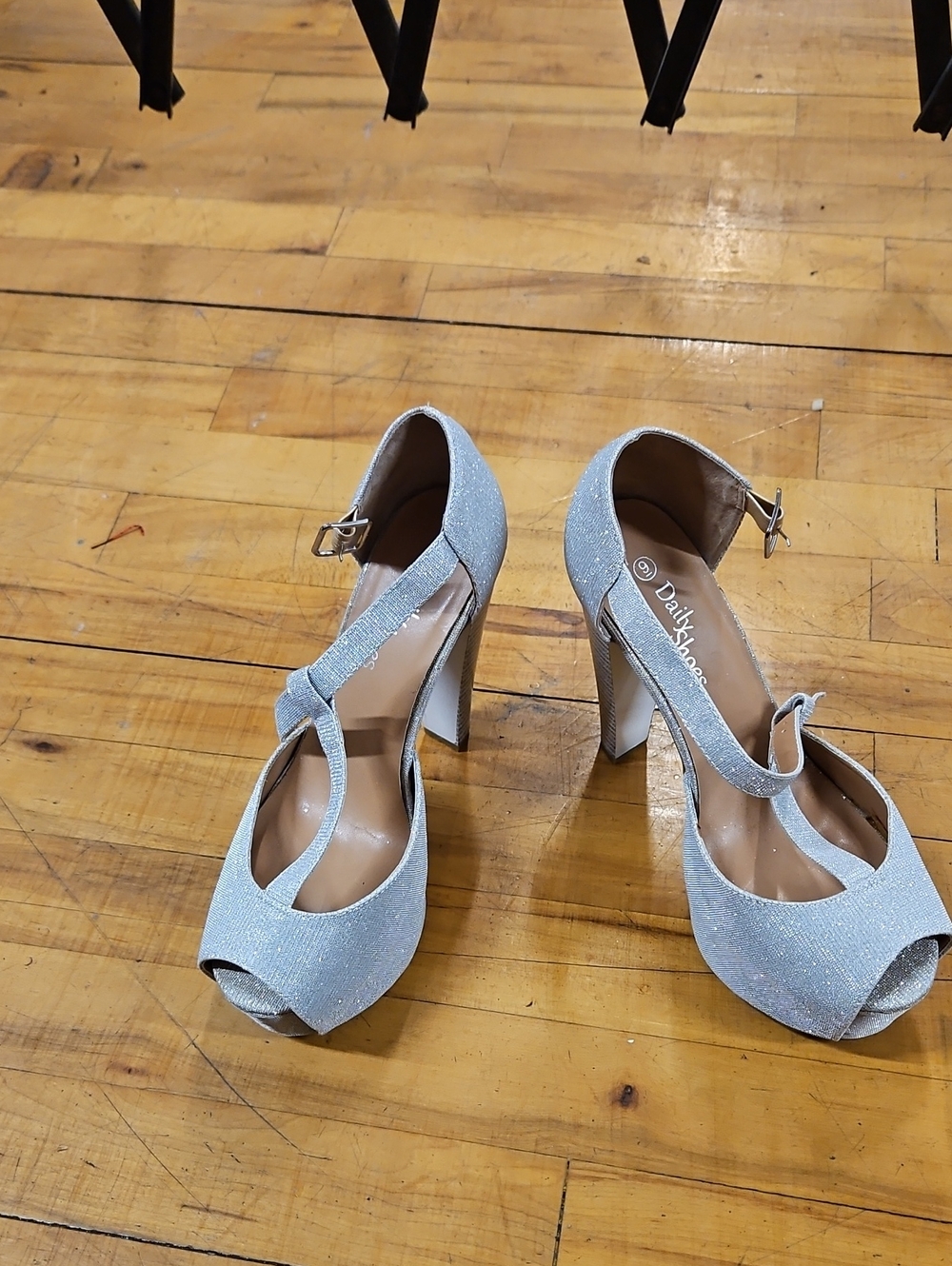 Sparkle Peep-Toe High Heels with Ankle Strap - Silver